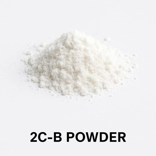 Fine crystalline white 2C-B powder in sterile container on white background