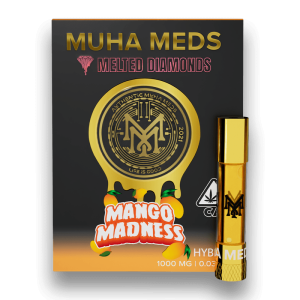 Muha Meds - Mango Madness Muha Meds - mango madness vape cartridge with branded packaging and gold THC oil Buy Muha Meds Online