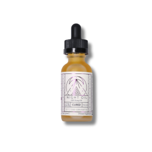 Dropper bottle of CBN Night Oil with label showing dosage and ingredients, placed on a soft-lit bedside table.