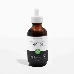 Bottle of Premium Full Spectrum THC Oil on a white surface — high-potency cannabis extract with full cannabinoid and terpene profile from Trippy Soul Marketplace.