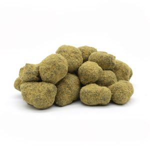 Close-up of Moon Rock cannabis nug coated with golden concentrate oil and frosty kief crystals. buy Moon Rock online