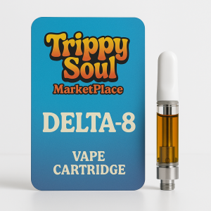 Premium Delta 8 vape cart filled with golden hemp-derived extract, available at Trippy Soul Marketplace.