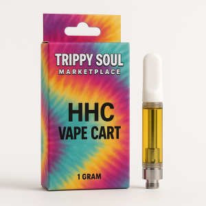Premium HHC vape cartridge filled with golden hemp extract on a white background with Trippy Soul Marketplace branding.