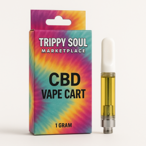 CBD Vape Cart filled with golden extract on a white surface, next to packaging labeled Trippy Soul Marketplace. premium CBD Vape Cart
