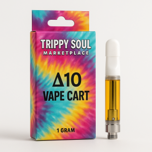 Premium Delta 10 vape cartridge filled with golden THC distillate on a white surface from Trippy Soul Marketplace.