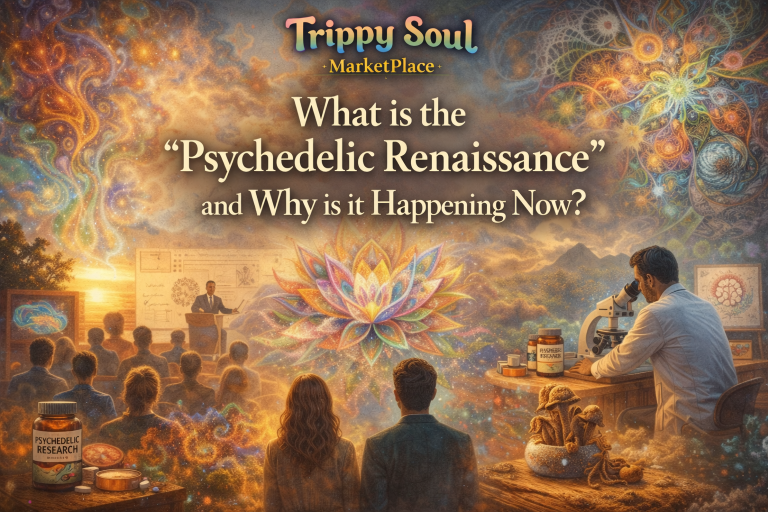 Illustration showing the psychedelic renaissance with scientists, researchers, colorful consciousness patterns, and psychedelic visuals representing modern research and mental health breakthroughs