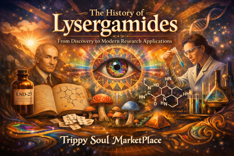 Artistic banner featuring Albert Hofmann, LSD-25 bottle, chemical structures, mushrooms, a radiant eye motif, and a modern laboratory scientist representing the history and research of lysergamides.