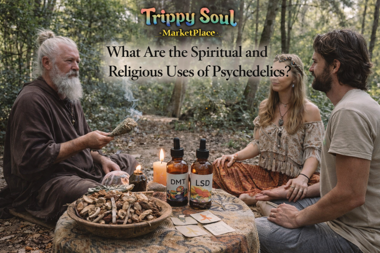 Three individuals participating in a sacred psychedelic ceremony in a forest, surrounded by plant medicine, ritual candles, and ceremonial tools representing spiritual and religious uses of psychedelics.