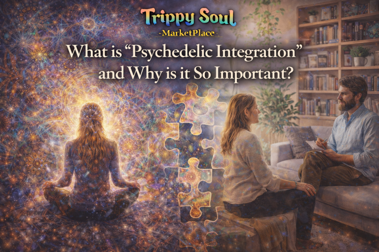 Illustration of psychedelic integration showing a woman meditating in cosmic patterns connected by puzzle pieces to a therapy session, symbolizing integration after psychedelic experiences.