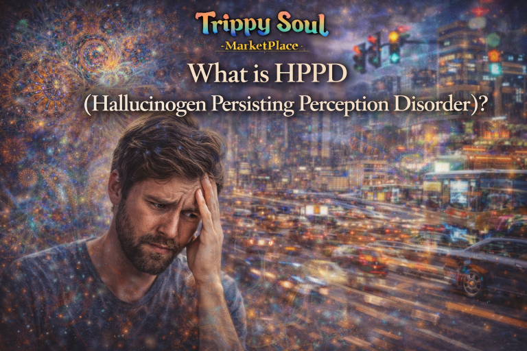 Illustration of a man experiencing HPPD symptoms with visual snow, fractal patterns, light trails, and blurred city lights representing hallucinogen persisting perception disorder.