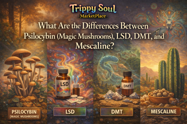 Illustration comparing psilocybin mushrooms, LSD vial and blotter, DMT crystals, and mescaline cactus in a psychedelic comparison layout