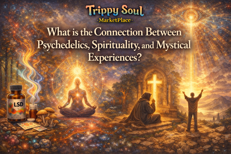 Digital illustration showing meditation, sacred geometry, and psychedelic substances representing the connection between psychedelics, spirituality, and mystical experiences.