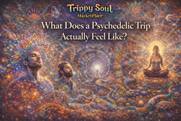 A colorful psychedelic illustration showing people experiencing an altered state of consciousness with fractal patterns, cosmic energy, and spiritual light, representing what a psychedelic trip feels like.