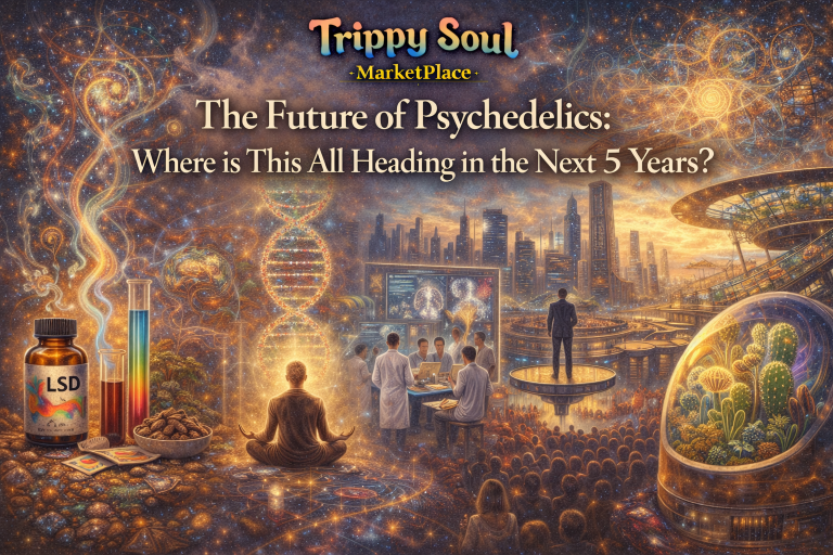 Futuristic illustration showing the future of psychedelics with DNA, psychedelic therapy research, and consciousness science