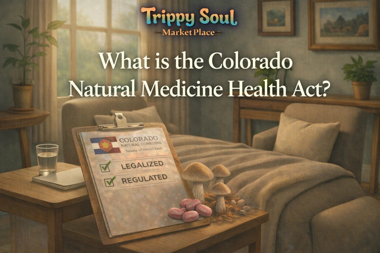 Illustration showing a therapy room with a clipboard labeled Colorado Natural Medicine Health Act, mushrooms and capsules representing psychedelic medicine, explaining psychedelic legalization and regulation in Colorado.