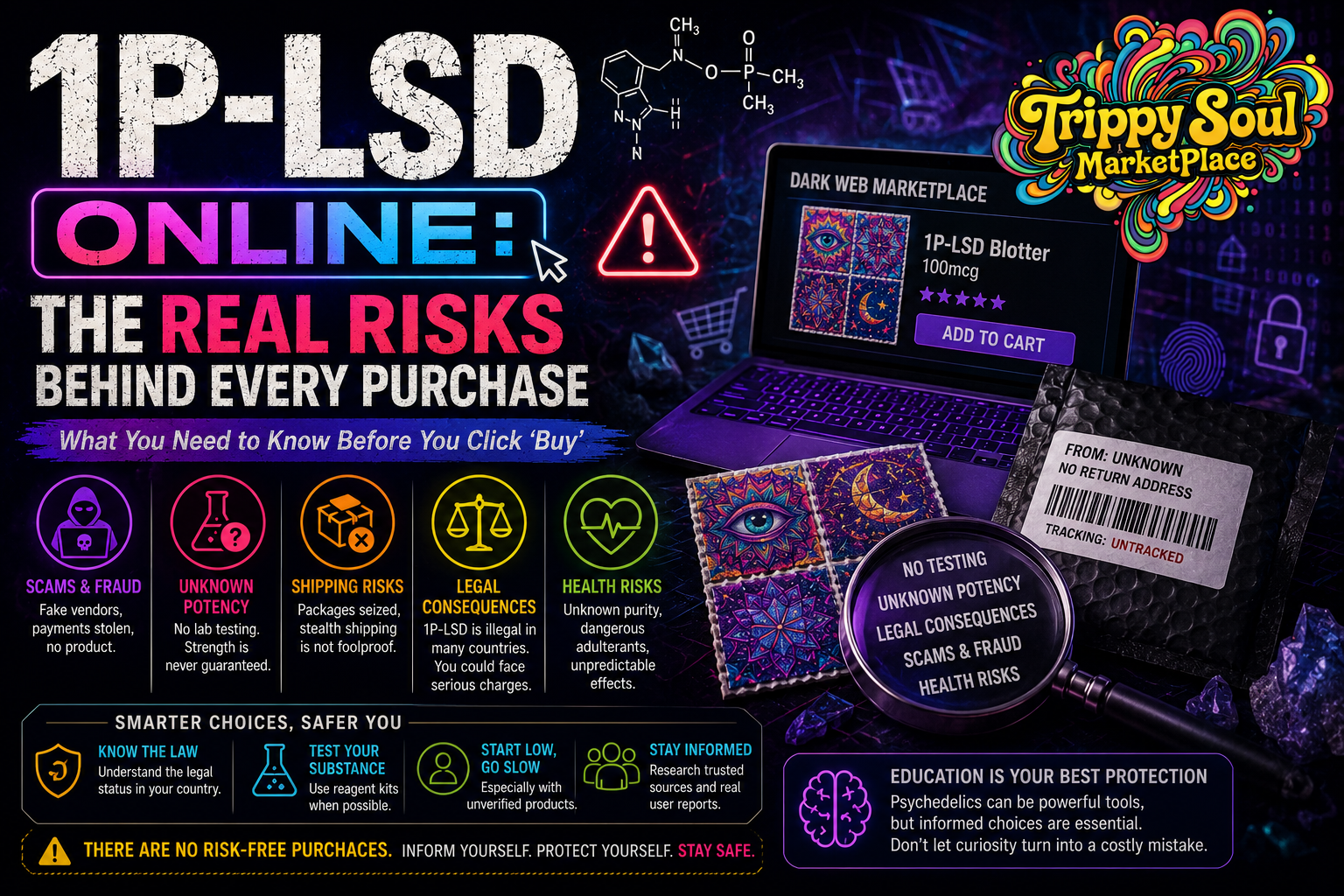 Rectangular blog banner about the risks of buying 1P-LSD online, featuring a laptop displaying a marketplace listing, psychedelic blotter tabs, a warning symbol, shipping package, magnifying glass highlighting purchase risks, and the Trippy Soul Marketplace logo in the top-right corner.