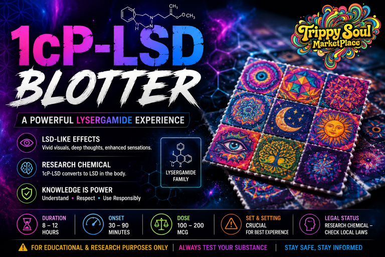 1cP-LSD blotter art featuring colorful perforated tabs with psychedelic geometric patterns, representing the research lysergamide compound in a vibrant, high-resolution product-style image.