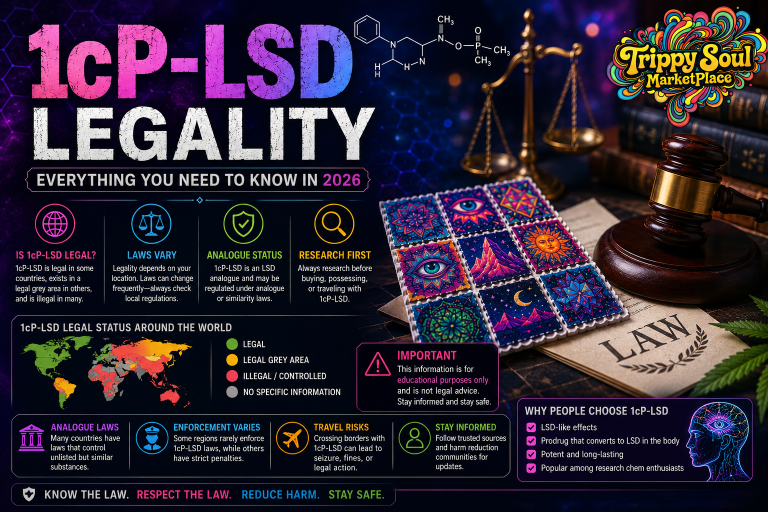 Colorful rectangular blog banner about 1cP-LSD legality featuring psychedelic blotter art, a judge's gavel, scales of justice, world legal status map, and the Trippy Soul Marketplace logo in the top-right corner.