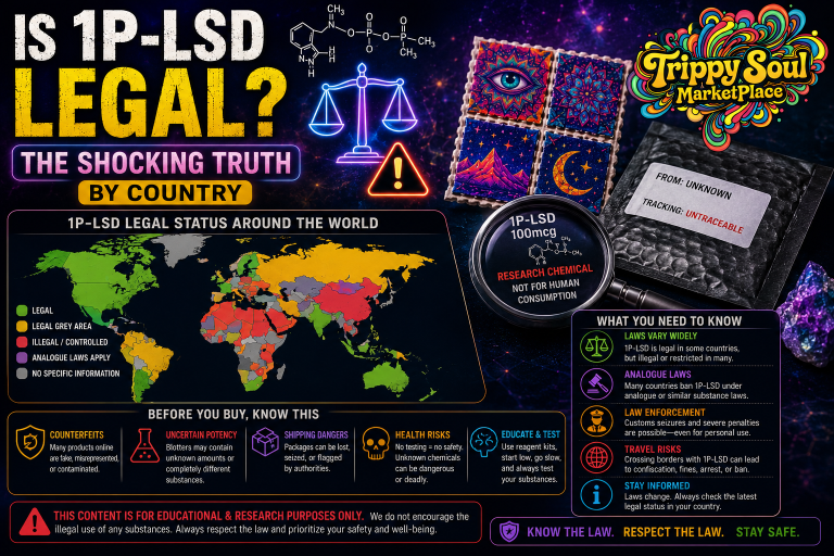Rectangular blog banner titled "Is 1P-LSD Legal? The Shocking Truth by Country," featuring psychedelic 1P-LSD blotter art, a world map showing legal status, scales of justice, a shipping package, warning symbols, and the Trippy Soul Marketplace logo in the top-right corner.