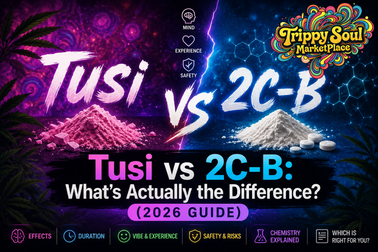 Colorful rectangular blog banner comparing Tusi and 2C-B with a dramatic split design, featuring pink Tusi powder on the left, white 2C-B powder and tablets on the right, the title "Tusi vs 2C-B: What's Actually the Difference? (2026 Guide)," and the Trippy Soul Marketplace logo in the top-right corner.