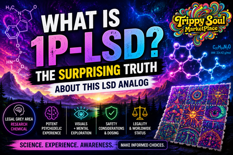 Colorful rectangular blog banner about 1cP-LSD legality featuring psychedelic blotter art, a judge's gavel, scales of justice, world legal status map, and the Trippy Soul Marketplace logo in the top-right corner.
